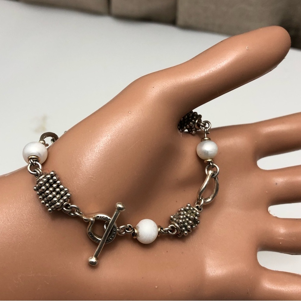 Michael Dawkins Sterling Silver 14K Gold Pearl Station Toggle Bracelet 7.5